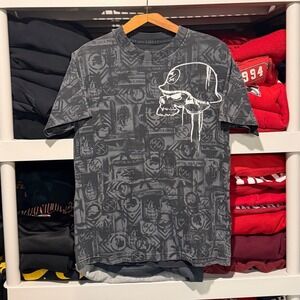 Vintage y2k Metal Mulisha Skull All Over Print Grunge Black Mens Medium Shirt
